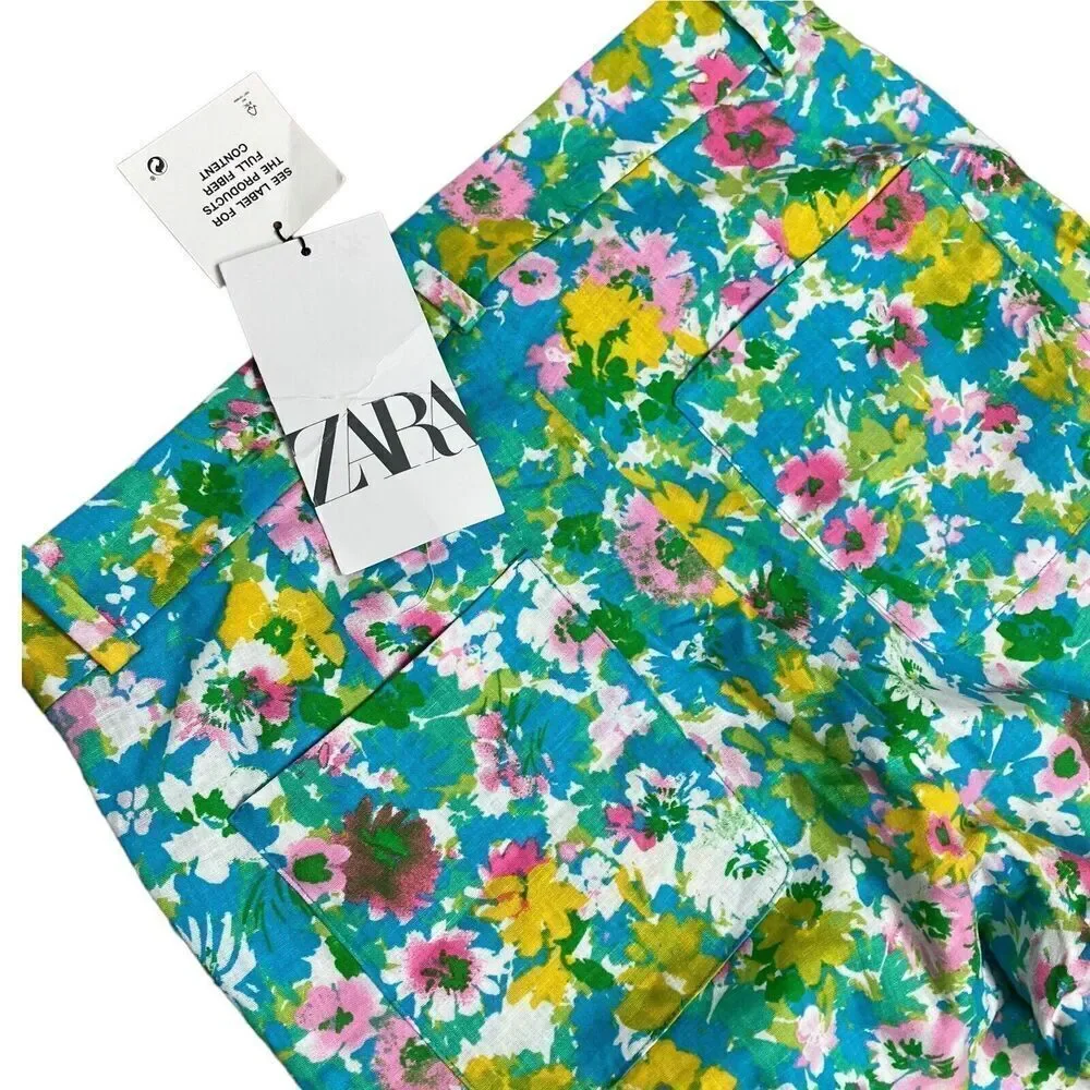 Zara Pants WMNS 4 Green Linen Blend Flared‎ Trousers Blue Pink Floral Cropped